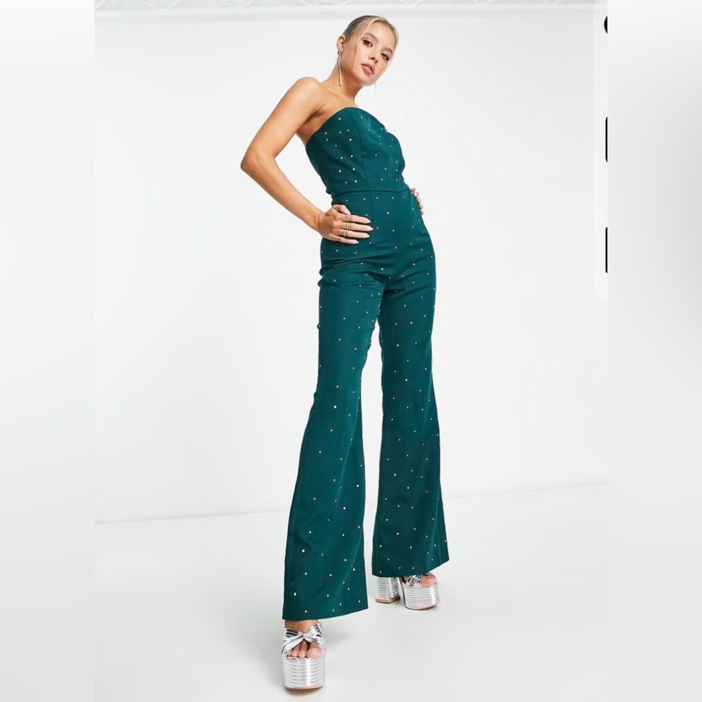 Rare London Embellished Bandeau Jumpsuit in Emerald Green